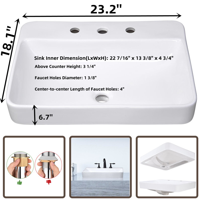 MONSFEST 18'' Ceramic Rectangular Bathroom Sink