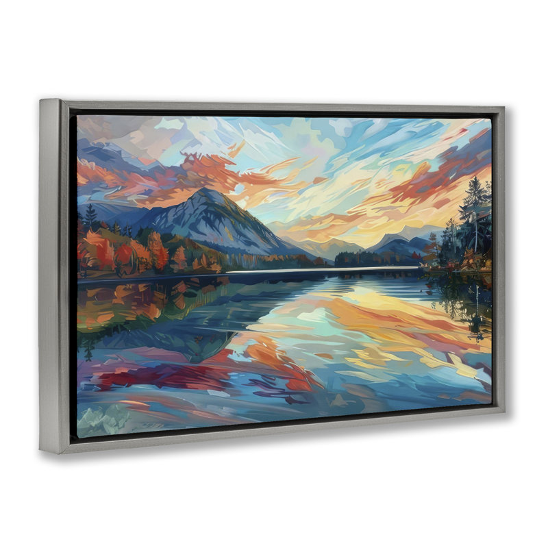  Toile abstraite tourbillonnant de lac et de montagne par LSR Design Studio, H 21 po x l 31 po, Cadre flottant gris lustré