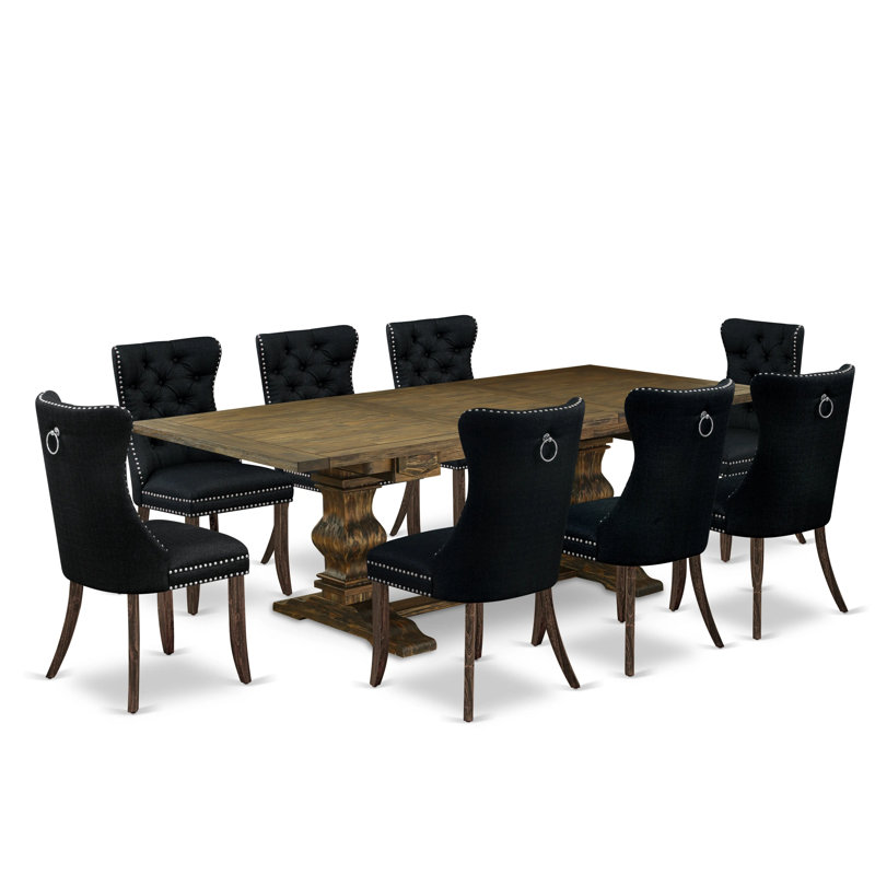 Distressed Jacobean Acacia Wood 9-Piece Dining Set with Black Upholstered Chairs