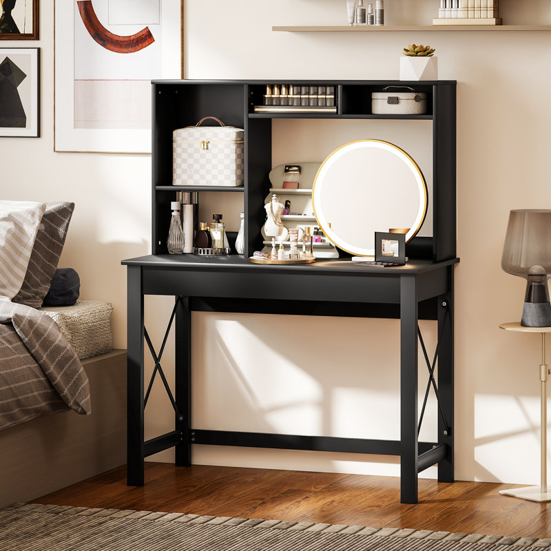 Bureau d'ordinateur avec rangement, table d'étude avec huche, tablettes, noir
