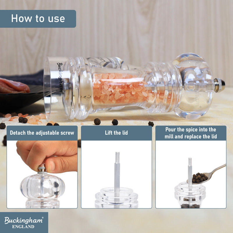 Buckingham Salt & Pepper Grinder Set Clear Adjustable Ceramic Grind Mechanism