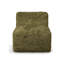 Canapé d'angle modulaire vert olive, garni de fausse fourrure et de mousse haute densité compressée, avec fauteuils et poufs sans accoudoirs.