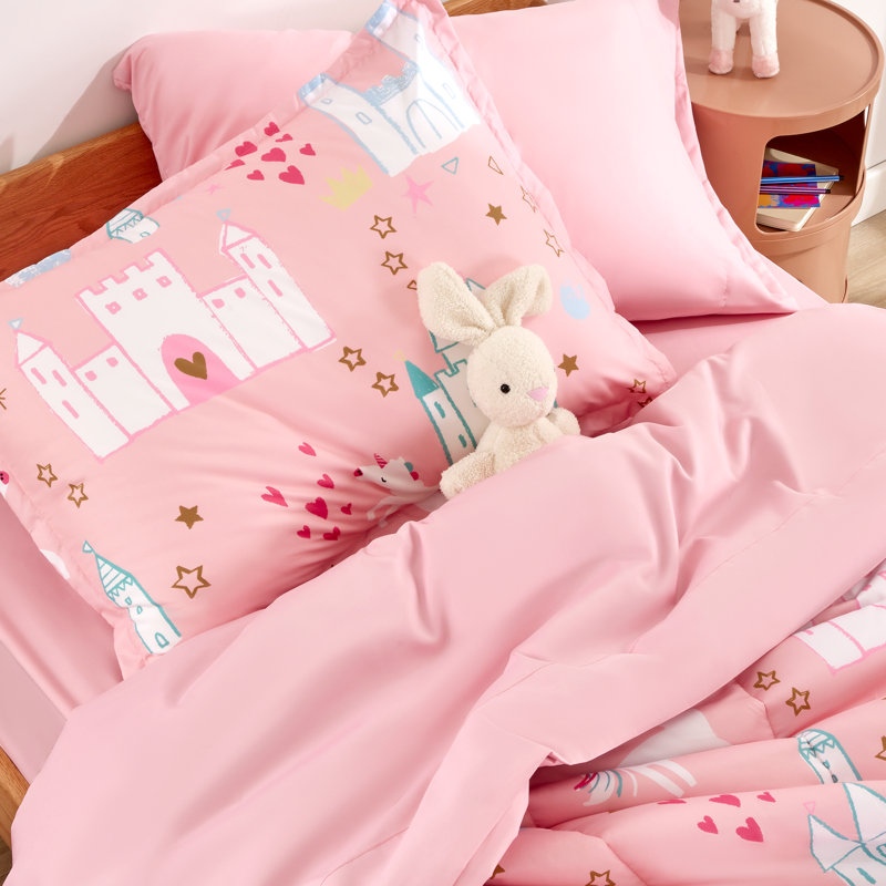 Full Pink Microfiber Kids Unicorn Castle Comforter Set