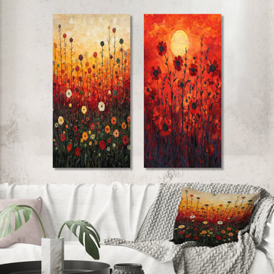Red Sunset Wildflowers Glory I - Art mural floral, collection 2 panneaux