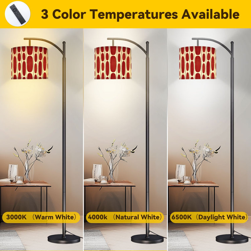 Lampe sur pied à arc rouge géométrique beige avec télécommande et lumières DEL Abat-jour réglables Hautes lampes pour lire Bureau