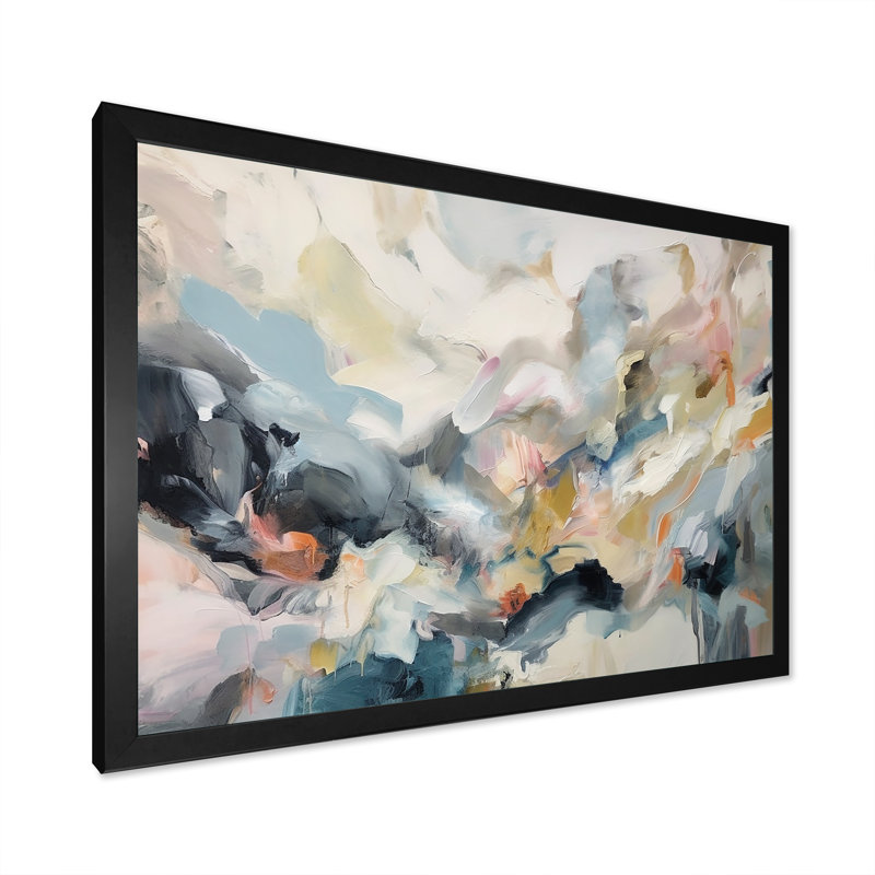 «Grey and Blue Vivid Waves Fuild I», art mural abstrait, Cadre d'angle fermé noir, H 24 po x l 32 po x P 1 po