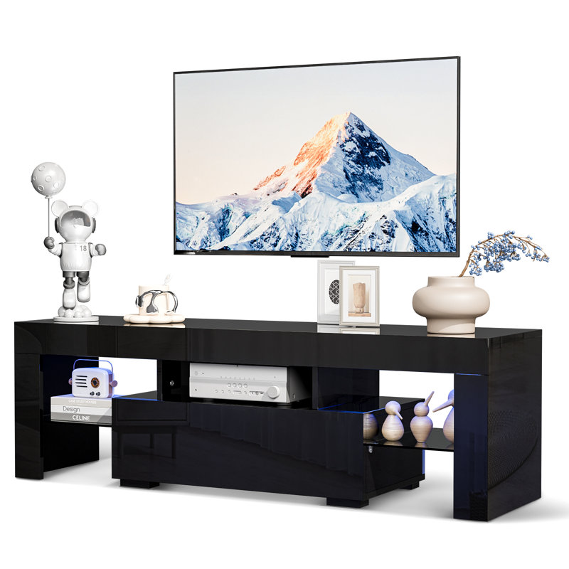 Nakesia 51'' High Glossy Modern Entertainment Center With LED Lights For 55Inch TV, Black, 50.79"