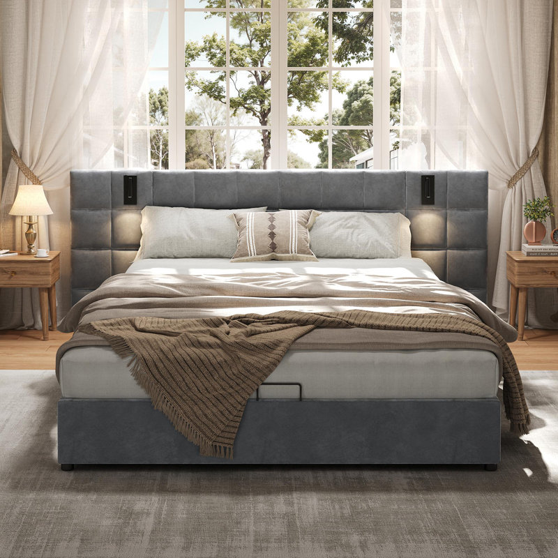 Platform Bed Frame With Wide Headboard, Reading Lamp And Usb Port, Double (4'6)