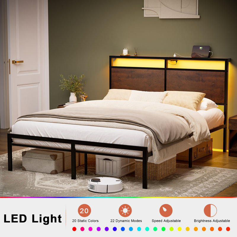 Antioch Bed Frame with LED Light and Charging Station, Metal Frame with Storage Headboard, Large Storage Space, No Spring Box Needed