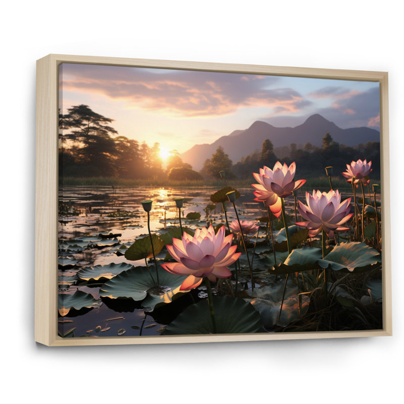 «Pink Green Lotus Field With Sunset», reproduction d'art sur toile encadrée Lotus, Cadre naturel flottant