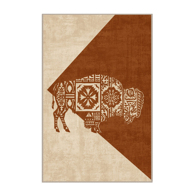 Machine Washable Joyce White Buffalo Woman Rustic Block Print Rug in Beige – Beige Binding, 6x9