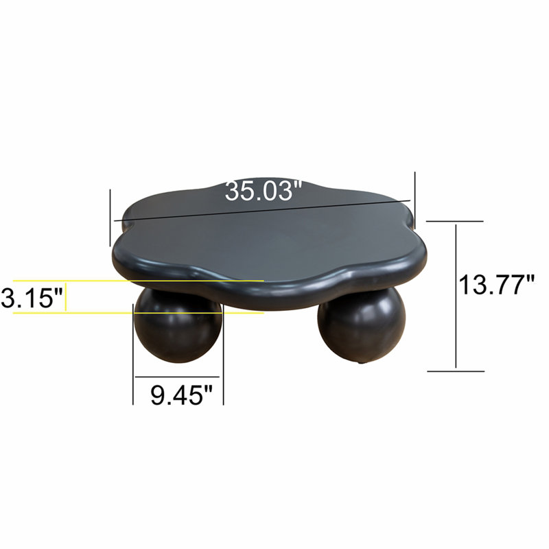 Table basse 35 "en forme de nuage noir, table basse minimaliste moderne en forme de pétale avec pieds sphériques, noir mat et table de salon à petit espace pour petits appartements, noir mat
