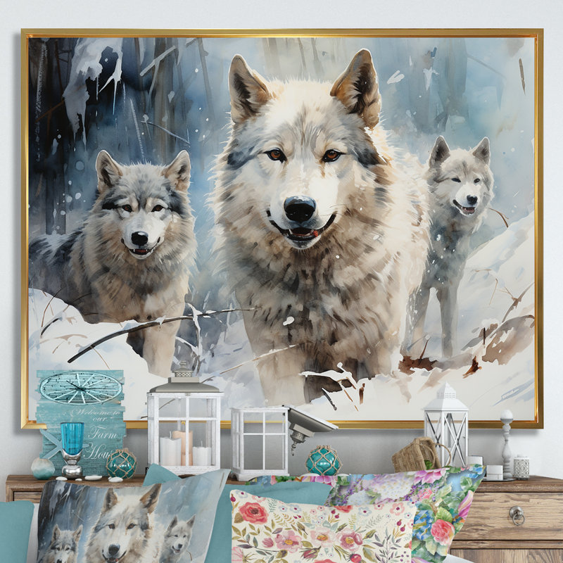 Neige loups en hiver III - loup, art mural, Cadre flottant doré, H 12 po x l 20 po x P 1 po