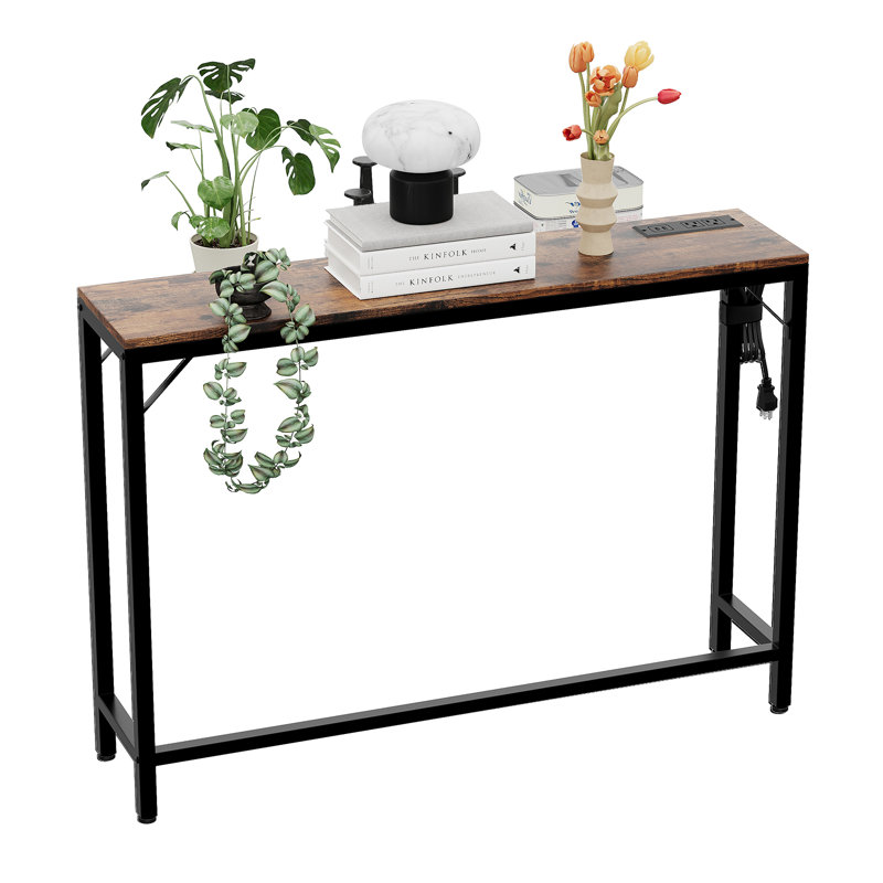 Narrow Console Table with Charging Station – Slim Sofa Table with Power Outlets & USB Ports – Entryway Accent Table with Storage Shelf for Living Room, Hallway, Bedroom – Vintage 