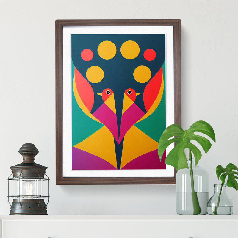 Abstract Birds - Single Picture Frame Print, 64cm H x 46cm W x 2cm D, Walnut