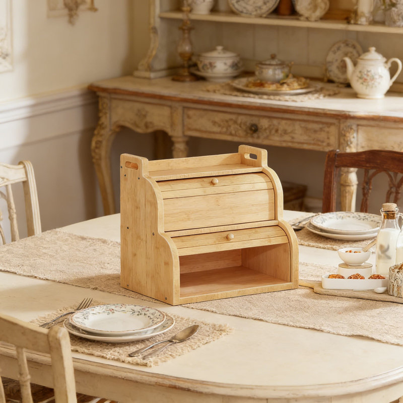 Boîte à pain en bambou avec couvercle à roulettes, organisateur de rangement de comptoir de cuisine à 2 niveaux pour le pain, les fruits et les ustensiles, armoire à nourriture en bois naturel avec ventilation