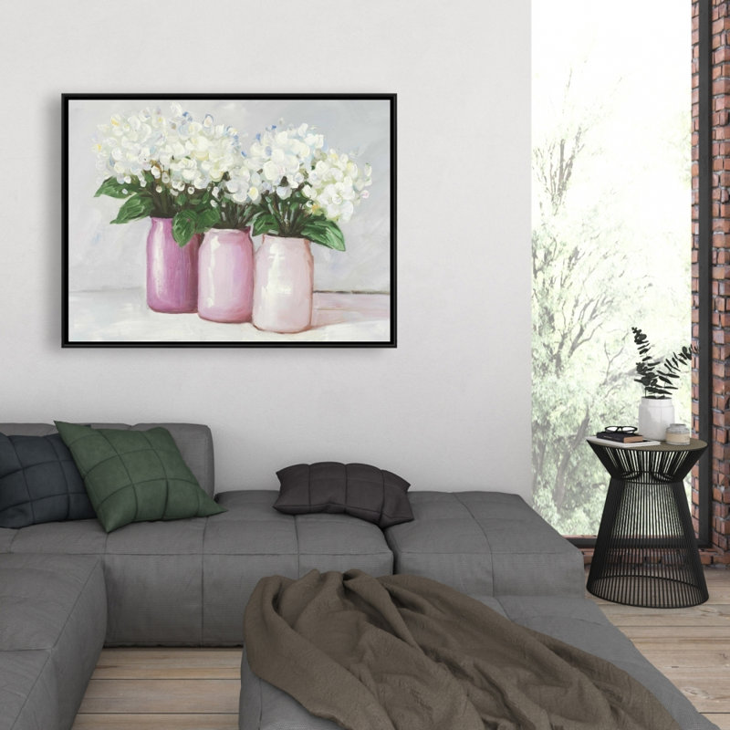Hydrangea Flowers In Pink Vases Print On Canvas