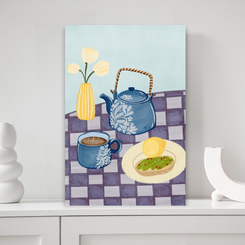 Art mural fleuri bleu, théière bleue