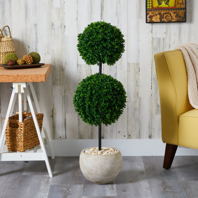 45in. Boxwood Double Ball Artificial Topiary Tree in Sand Colored Planter UV Resistant (Indoor/Outdoor)
