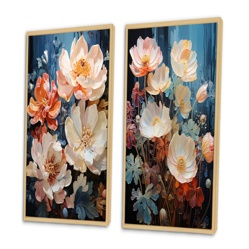 «China Art Graceful Blossoms», 2 pièces sur toile, Encadrement brun, H 32 po x l 32 po