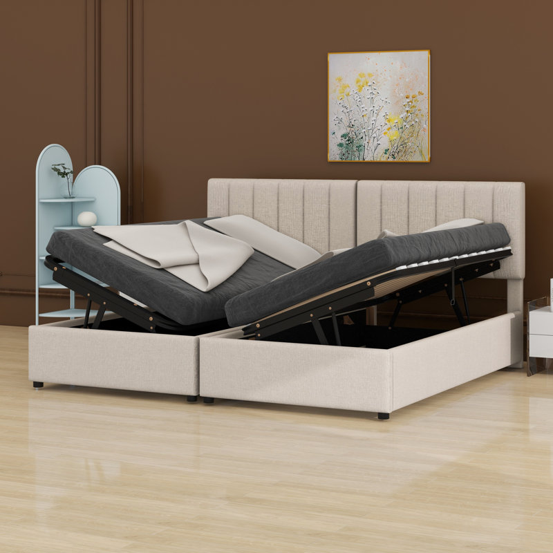 Upholstered Platform Bed With A Hydraulic Storage System, Beige