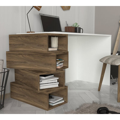 Bureau d'étude scandinave, blanc et noyer, 51,2 po x 29,5 po x 23,6 po | 100% panneau de particules enduit de mélamine, épaisseur: 0,7 pouce | Nombreuses tablettes et rangement supplémentaire, design élégant et fonctionnel pour le bureau à domicile