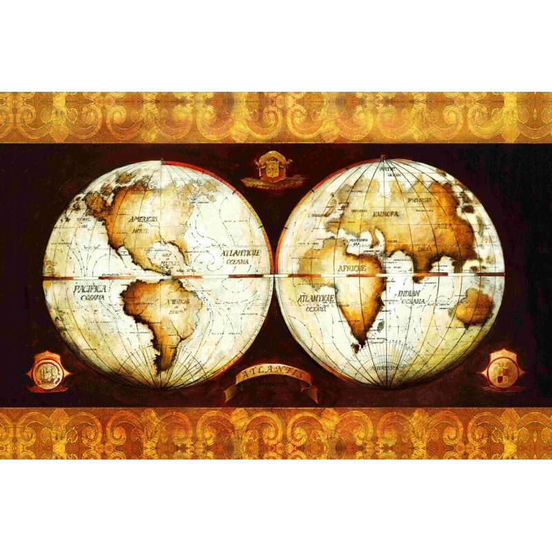 Carte du monde dorée rétro - reproduction sur toile tendue, H 8 po x l 12 po