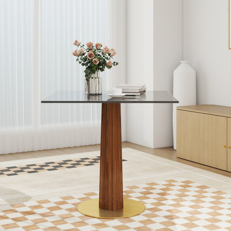 Table de salle à manger moderne carrée, table en verre trempé de 33,5 po avec pieds en bois et base dorée, table de cuisine pour 2 personnes pour petit espace, capacité de poids de 150 lb (seulement la table de Négociation)