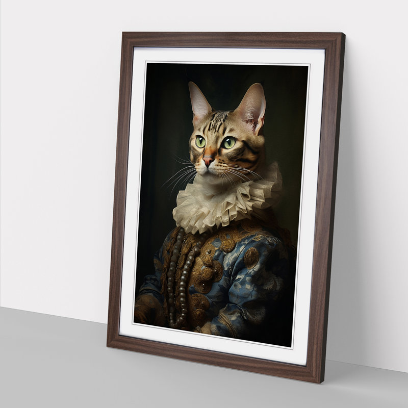Bengal Cat Rococo Art - Framed Print, 64cm H x 46cm W x 2cm D, Walnut Framed