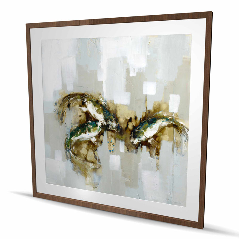 Three Abstract Koi Fish - Gray Framed Matted Print for Decor