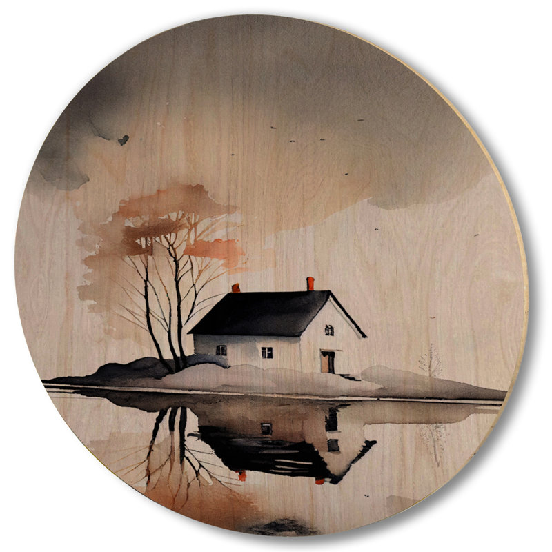 Maison de campagne avec arbre au bord du lac II - décoration murale chalet en bois Lake House, L 23 po x H 23 po