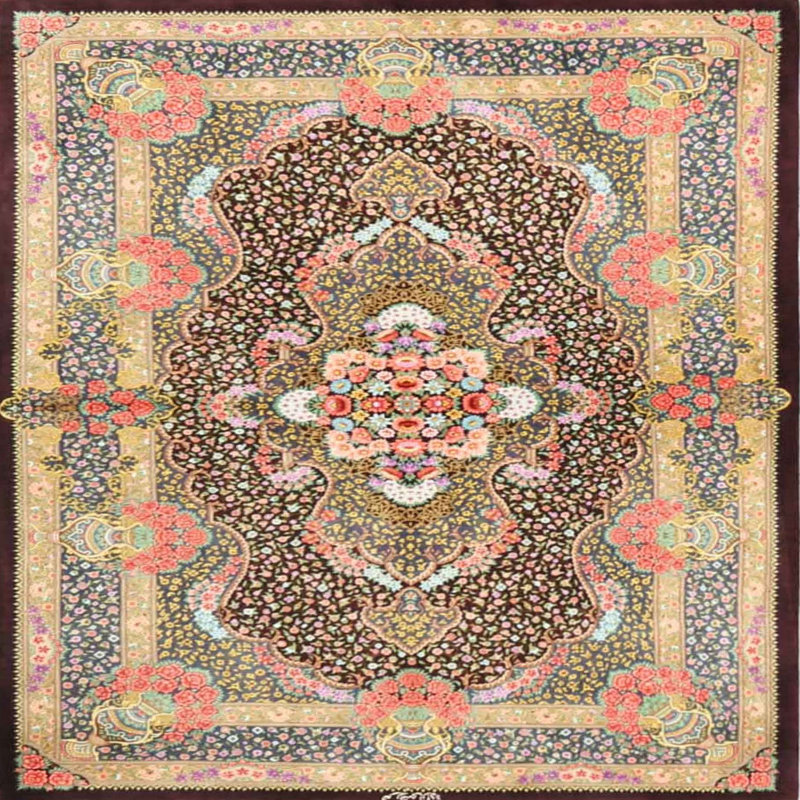 Tapis brun foncé/brun clair/vert traditionnel, Rond 5 pi