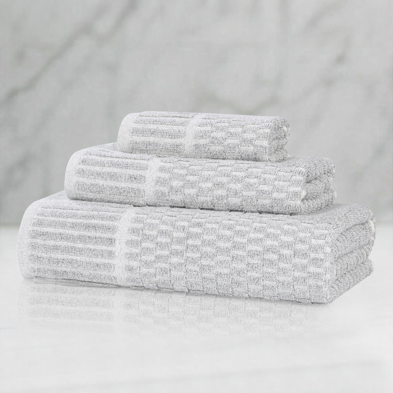 Ensemble de serviettes à bordure à carreaux en mélange de coton et viscose Juno, Platine, Ensemble 3 serviettes de bain