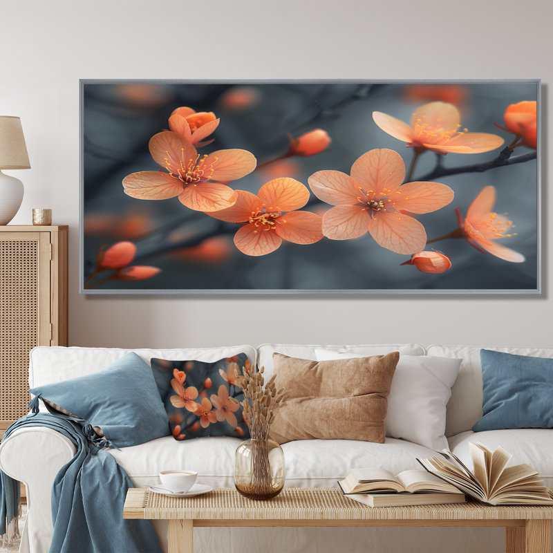 Photo de fleur de cerisier orange pastel - Art mural fleur de cerisier, Toile argentée avec cadre flottant