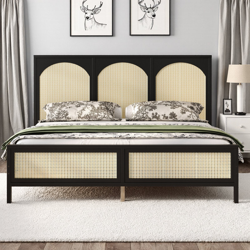 Grand lit plateforme en bois avec tête et pied de lit en rotin, structure en bois de pin massif, style naturel boho, aucun sommier requis, capacité de 600 lb, assemblage facile
