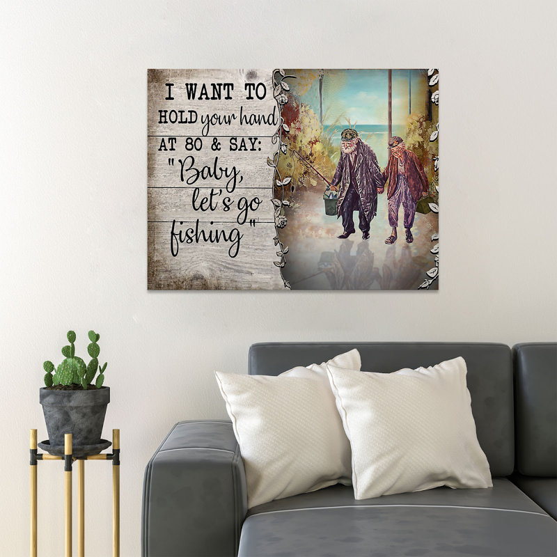 Vieux couple tenant par la main et pêche - reproduction d'art graphique sur toile tendue, H 24 po x l 36 po x P 2 po