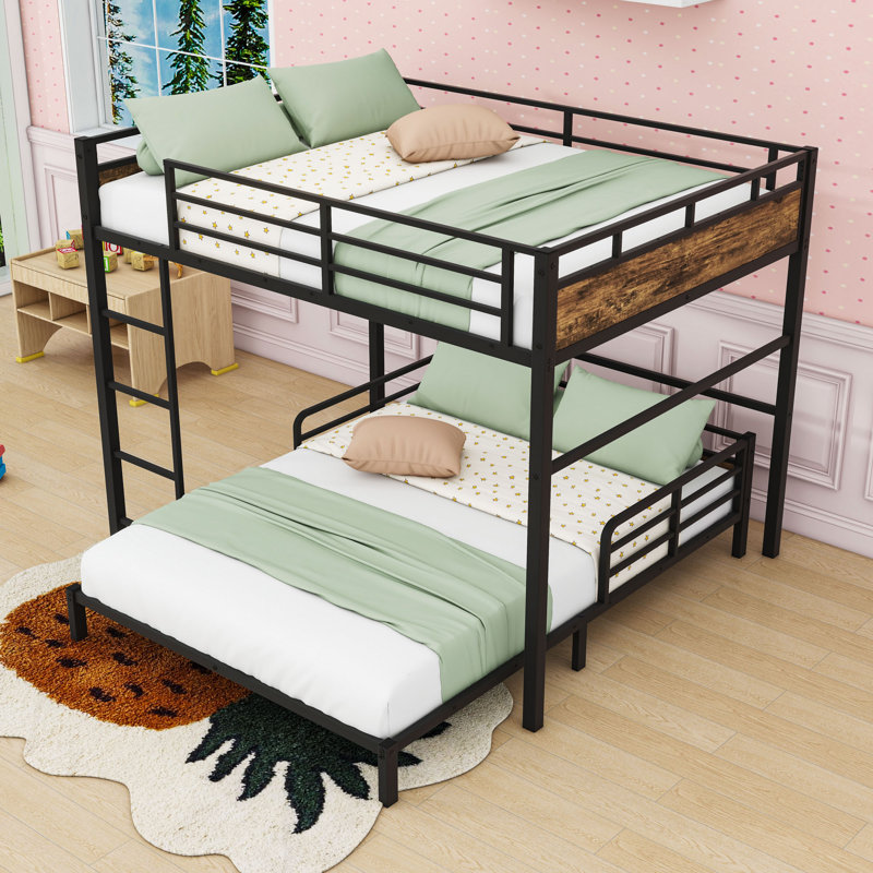 Metal Bunk Bed With Built-In Ladder And Guardrails, Vintage Wood, Full Over Full