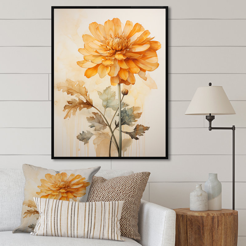 «Peach Marigold Elegance Bouquet Still Life» sur toile, H 40 po x l 30 po x P 1,5 po, Cadre flottant noir