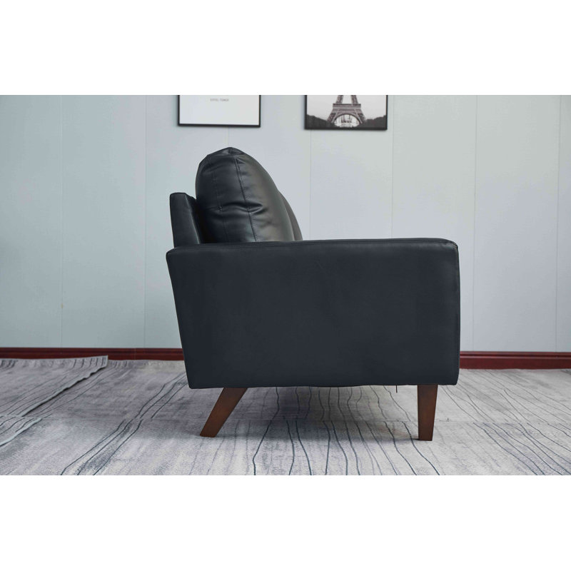 Black Faux Leather 2-Piece Sofa and Loveseat Set with Wooden Legs