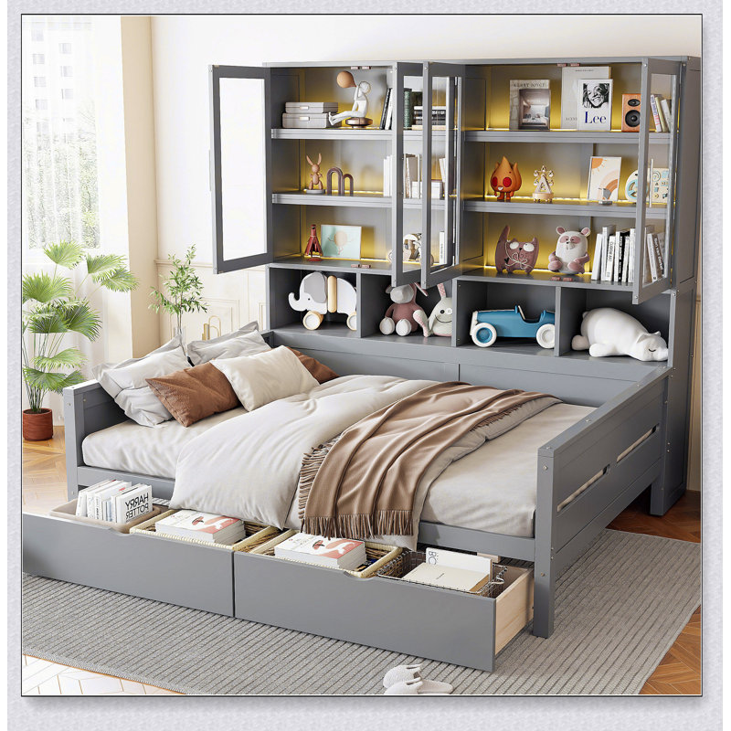Lit de jour en bois avec armoires de rangement à porte vitrée, éclairage et tablettes à DEL intégrées, gris, Gris, Double