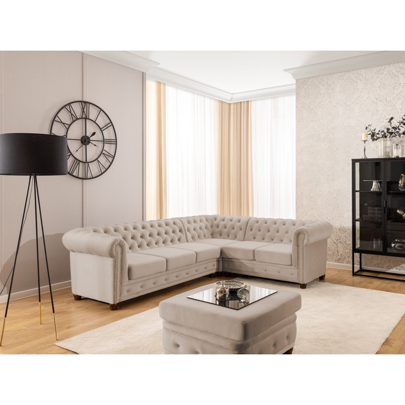 Chesterfield Corner Sofa L-Shape with Sleeping Function Cleo Blink in Velvet with Crystal Tufting, Right-Hand Facing, Beige