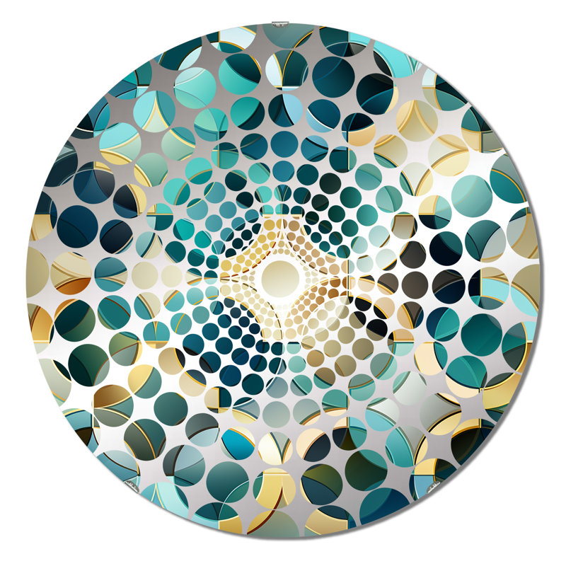 Carrelage géométrique moderne bleu sarcelle et doré - Miroir décoratif à cercles concentriques, 31,4 po x 31,4 po