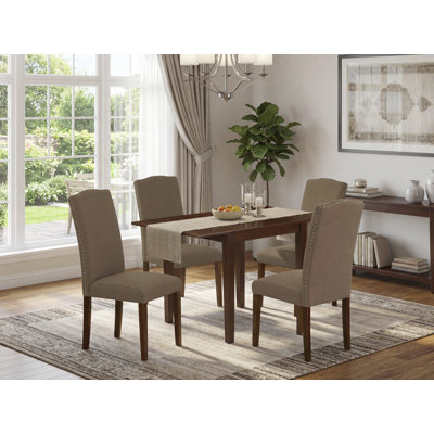 Ensemble de table de salle à manger 5 pièces comprenant une table de salle à manger rectangulaire avec Dropleaf et 4 chaises rembourrées en tissu de lin foncé, 30 x 48 pouces, acajou