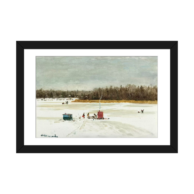 «Ice Fishing Morning» par Ernest Chiriacka, impression sur toile tendue, Papier d'art encadré noir, Blanc