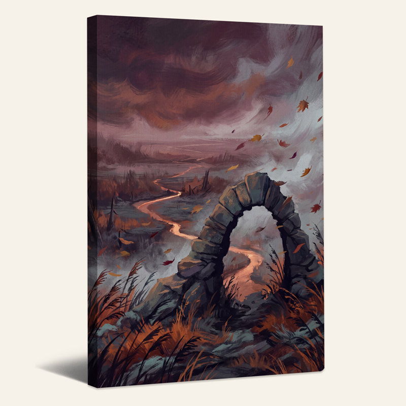 Arche de pierre au-dessus d'une rivière avec des feuilles mortes - Toile murale d'Halloween, 24"H x 16"W