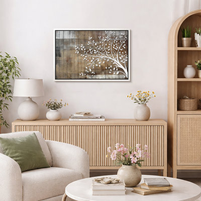 Abstract Tree "White Branch Leaves On Wood Effect Background Artwork, Abstract Neutral Tan Rustic Wall Pictures, Large Framed Canvas Giclee Print Wall Art"