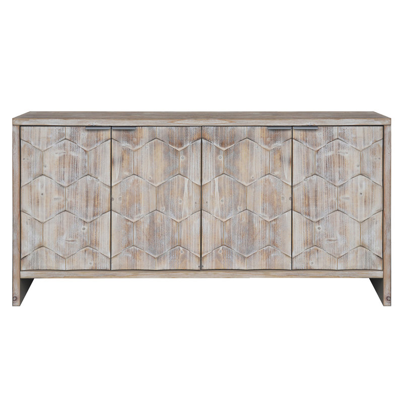 Buffet d'appoint 4 portes Accent Bois naturel lavé, style artistique, rangement de salon polyvalent, Bois naturel délavé