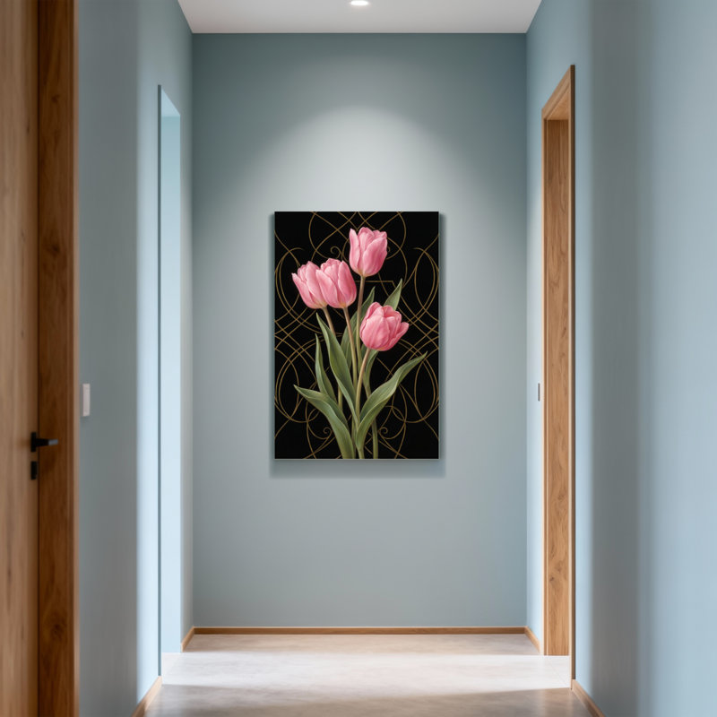 Plantes et fleurs tulipes roses sur fond noir et or, H 24 po x l 16 po