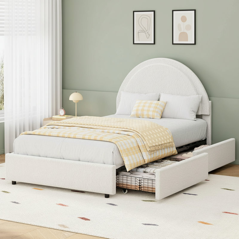 Structure de lit tapissier avec 2 tiroirs de rangement Boucle, Lit simple, Blanc