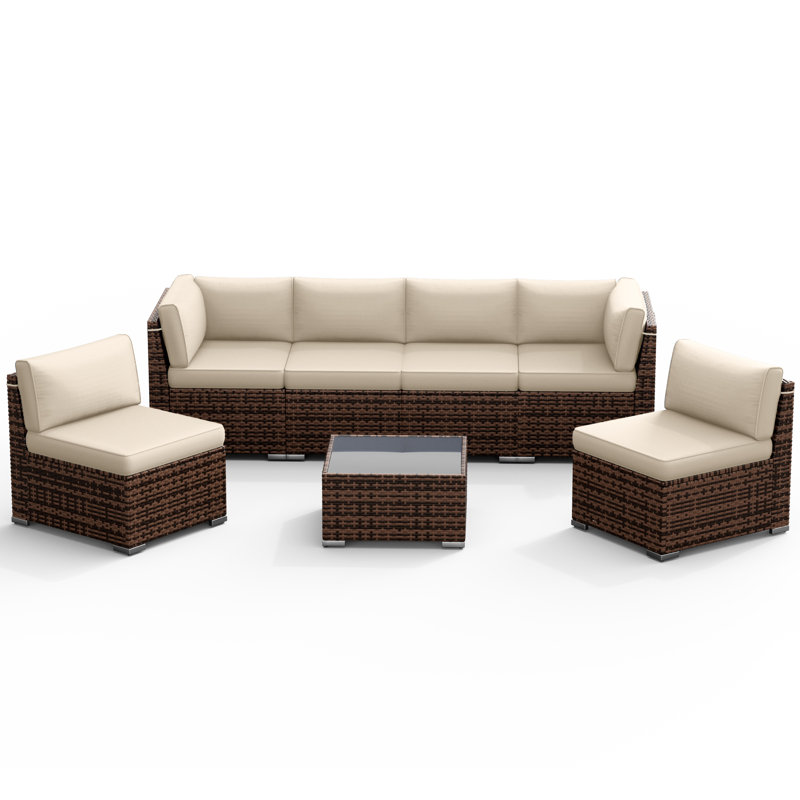 6 person Rattan Sectional Seating Group with Cushions, Beige, No, Brown